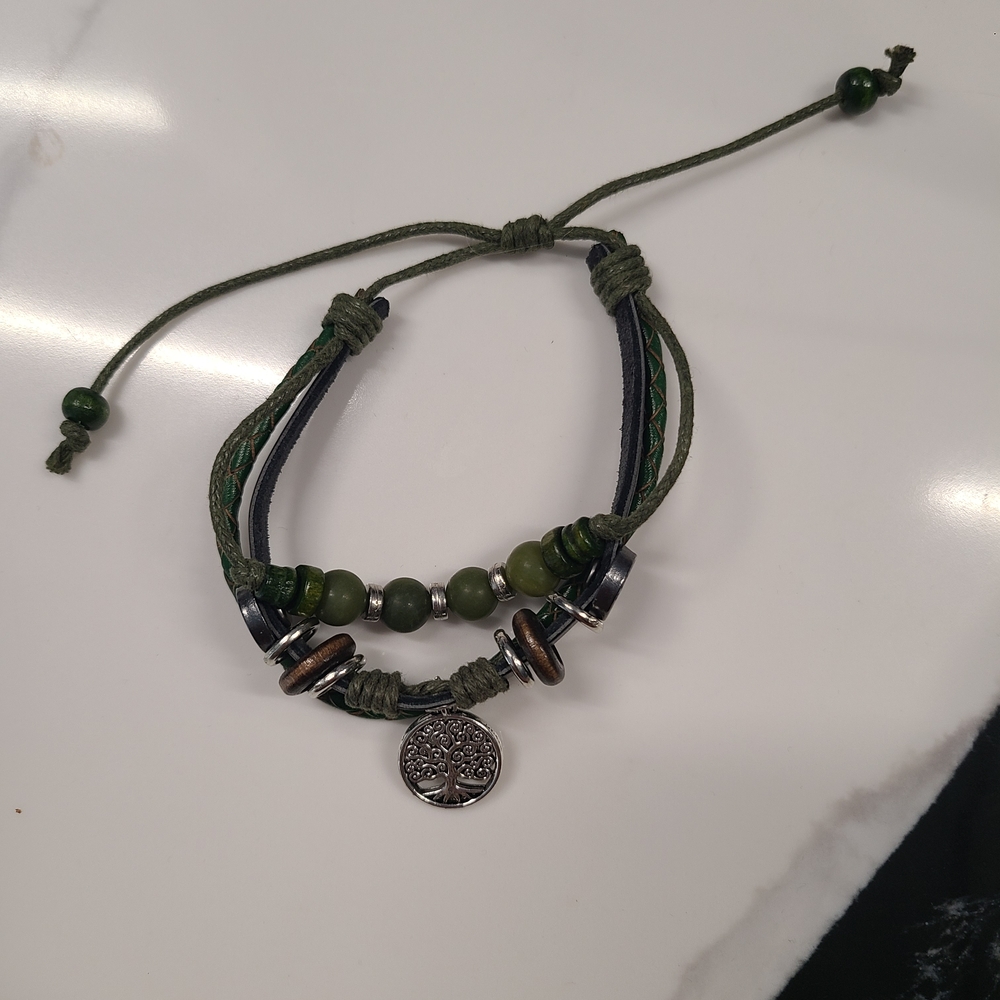 Green Beaded/ Leather Bracelet with Tree Charm